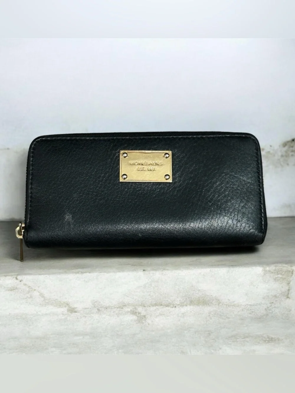 Michael Kors Black Leather Zip Wallet with Gold Hardware